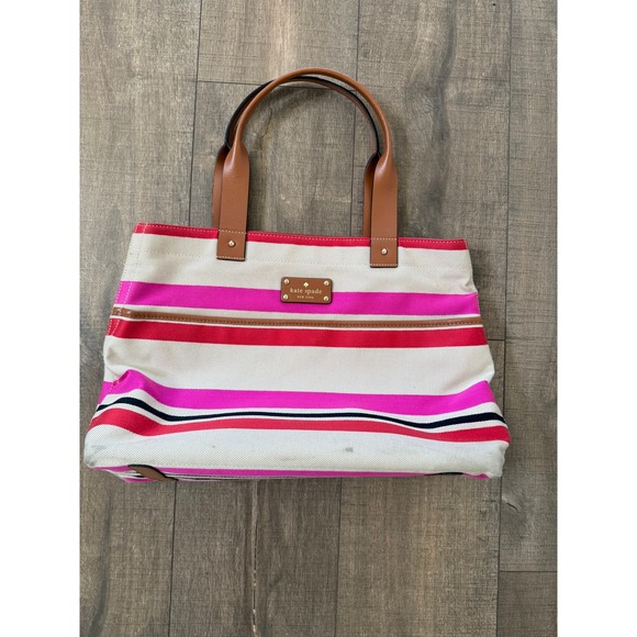 Kate Spade New York Striped Canvas Tote Bag‎ Pink Red Brown Purse - Picture 1 of 16